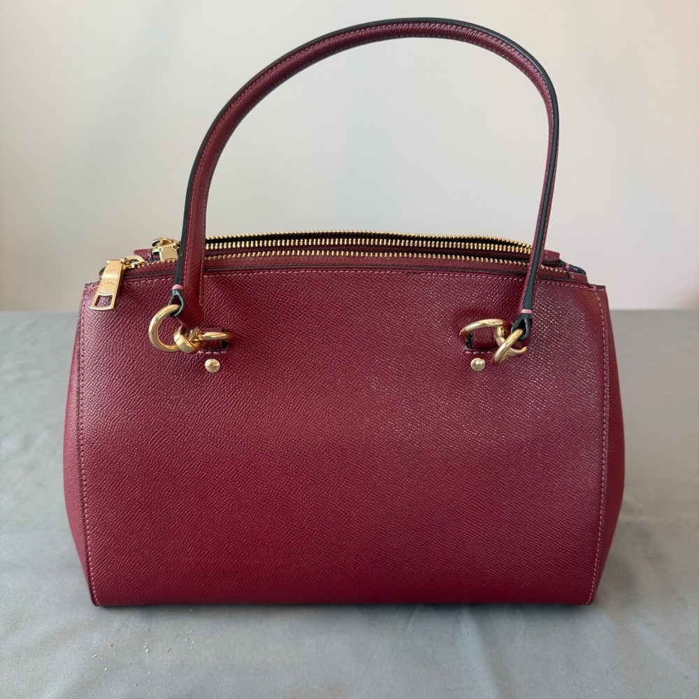 Coach Burgundy ETTA Carryall Crossgrain Leather Triple Zip Gold Hardware Handbag - Picture 2 of 12